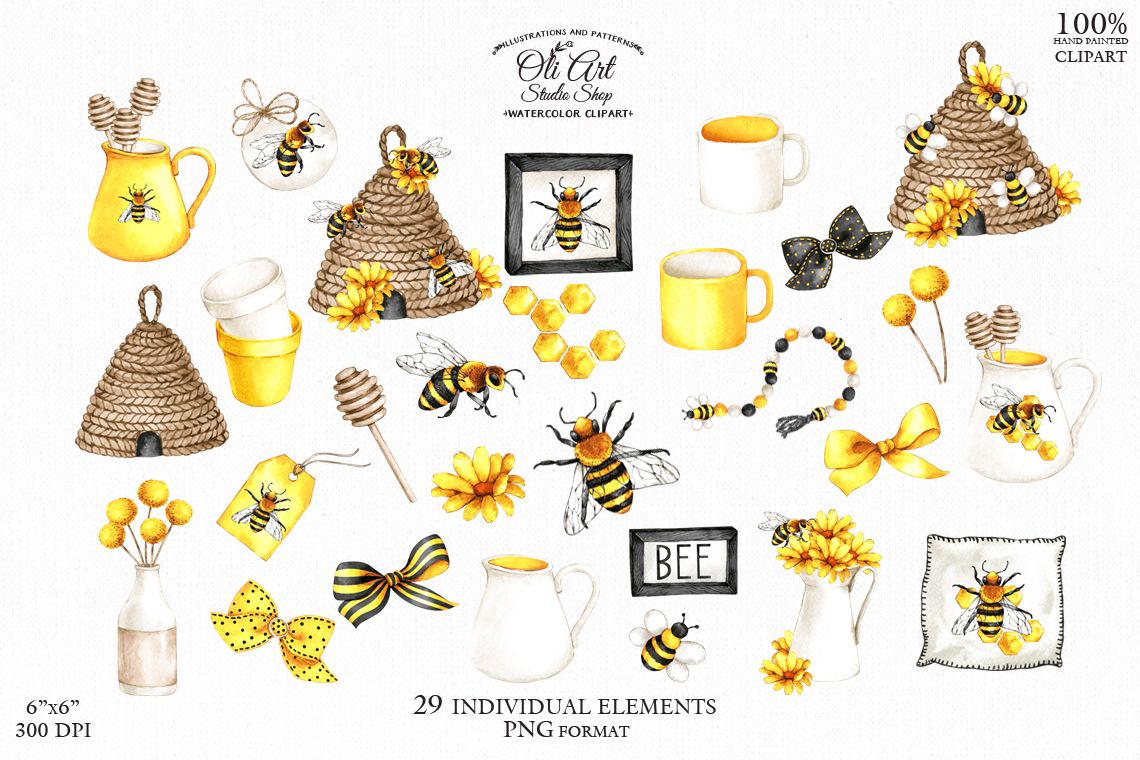 Honey bee decor clipart design, hand drawn graphics, printable art