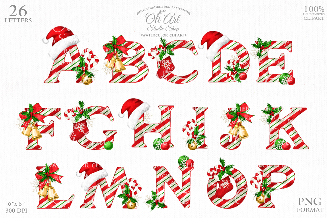 26 PNG Watercolour Green Christmas Alphabet Clipart (Instant