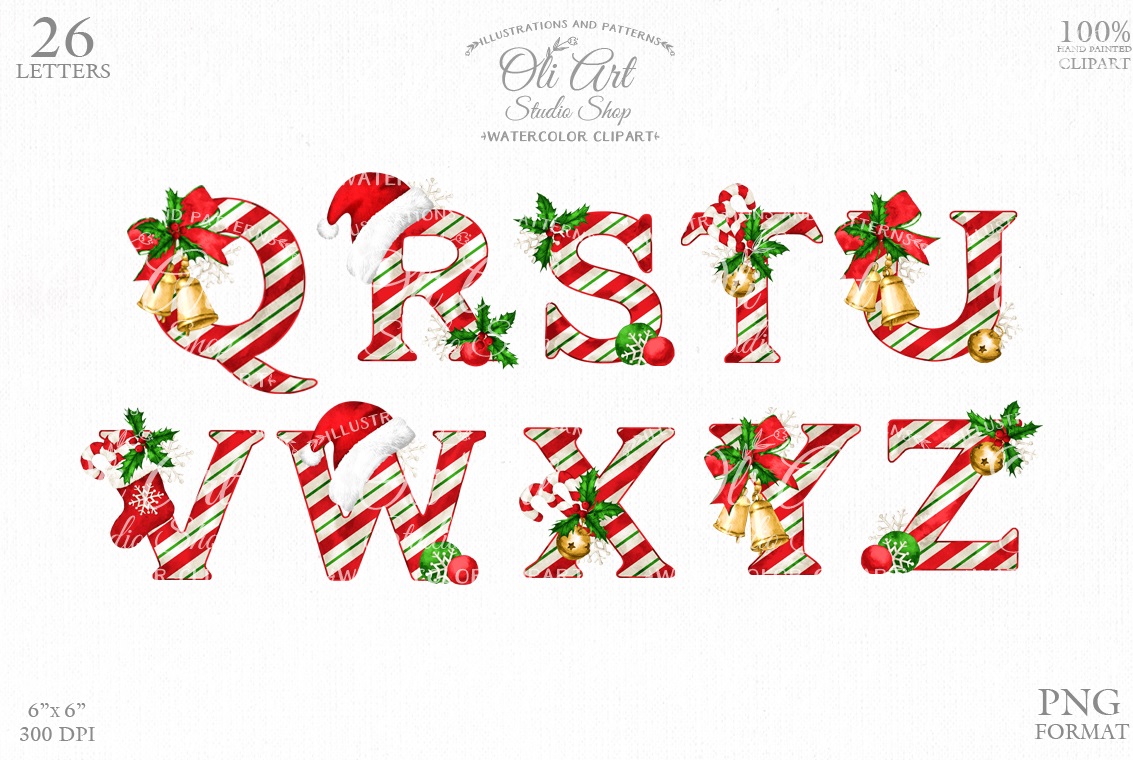 26 PNG Watercolour Green Christmas Alphabet Clipart (Instant