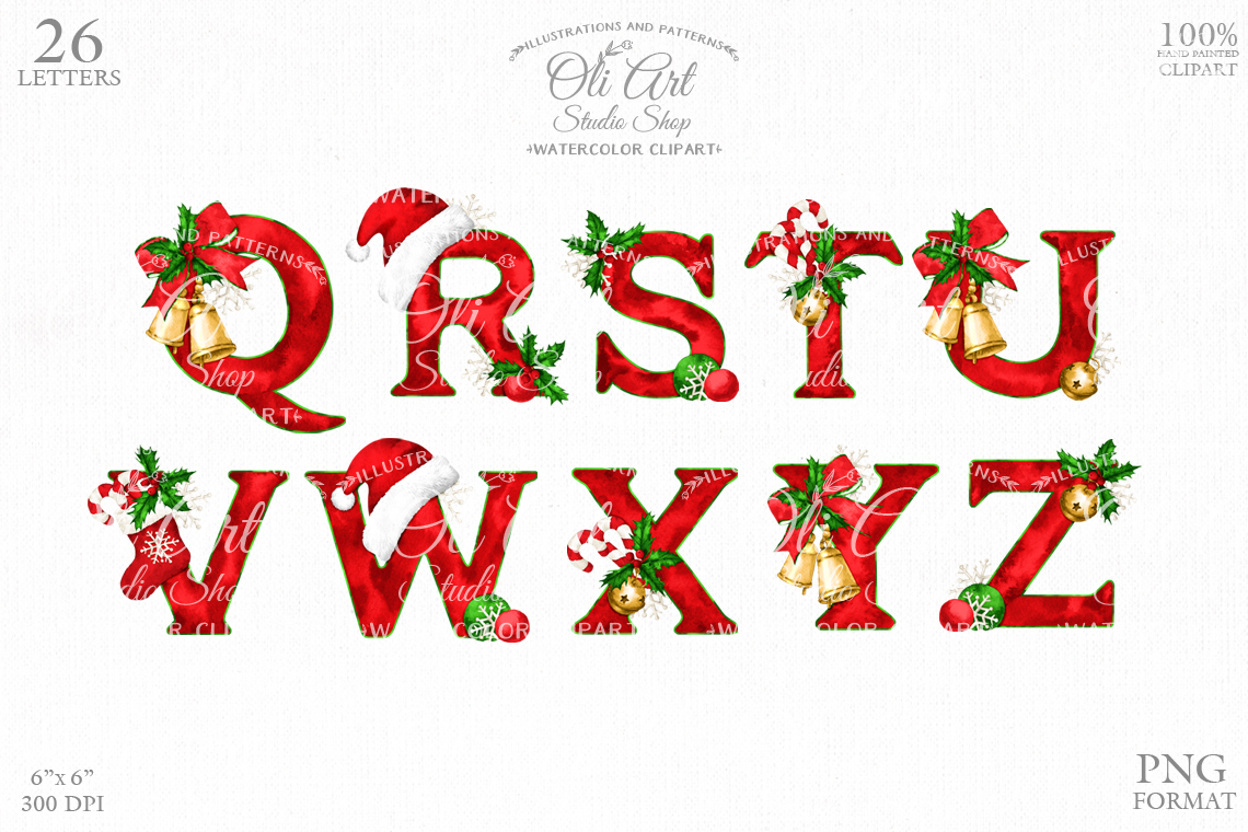 26 PNG Watercolour Green Christmas Alphabet Clipart (Instant