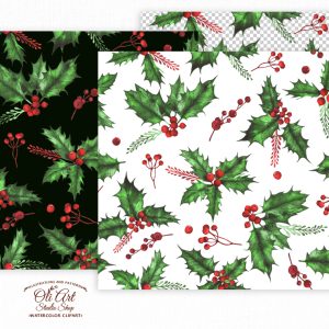 Maison 1013 Watercolor Christmas Clipart Digital paper Rustic Winter patterns