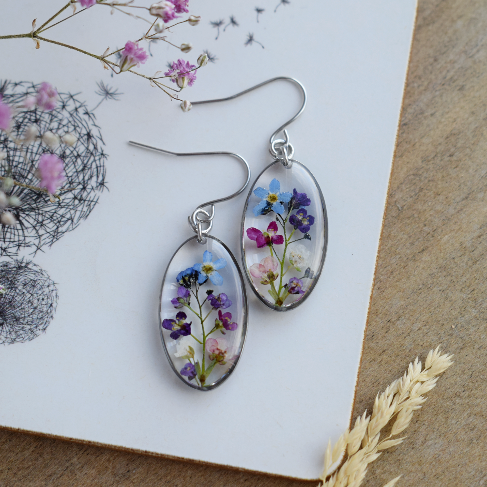 Dried flower handmade resin earrings, Pressed rose earrings, Oval shape  earrings, Real flower earrings, Hypoallergenic earrings