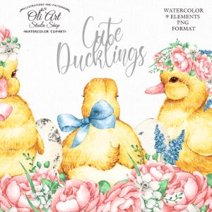 Watercolor Ducklings clipart PNG Little cute animals ducks flowers