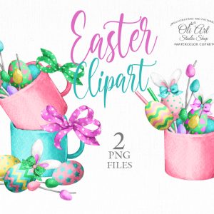 Watercolor Easter Eggs Clipart, Cute Bunny Ears, Hand-painted cup