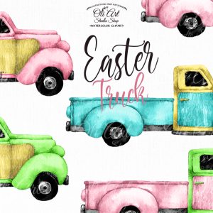 Watercolor Trucks clipart, Vintage Truck, Retro Trucks, easter