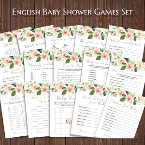 Pink Floral Baby Shower Games Bundle Baby Theme Party Printable