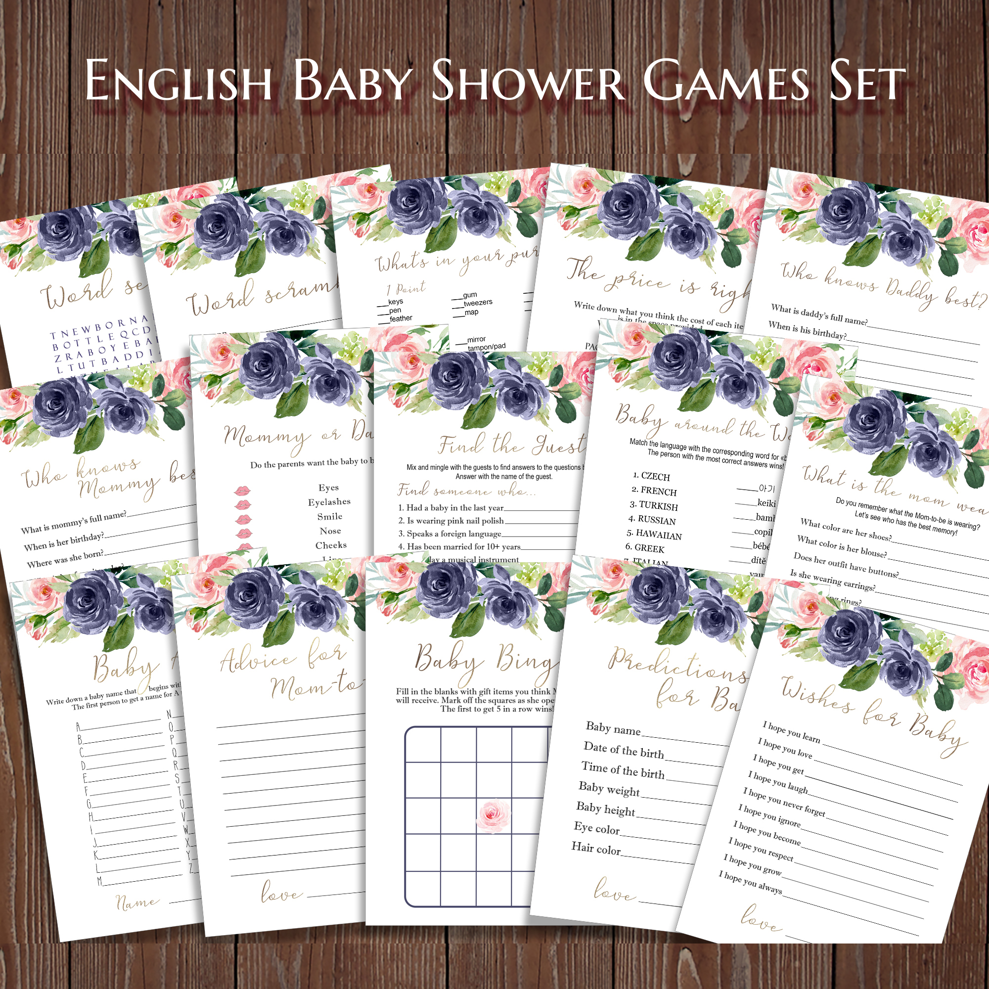 Blush navy baby shower games bundle printable