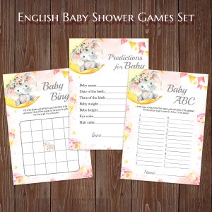 Pink floral english spanish baby shower games bundle