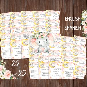 Pink Elephant Bilingual Baby Shower Games English Spanish Set