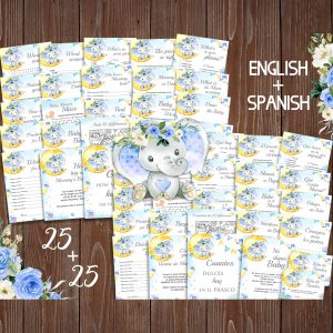 Boy Elephant Bilingual Baby Shower Games English Spanish Set