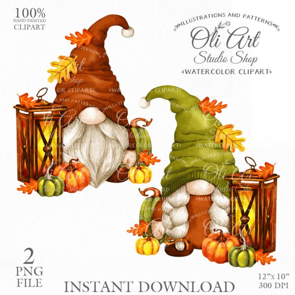 Fall Gnome Clip Art. Autumn. Christmas lantern. Pumpkin.