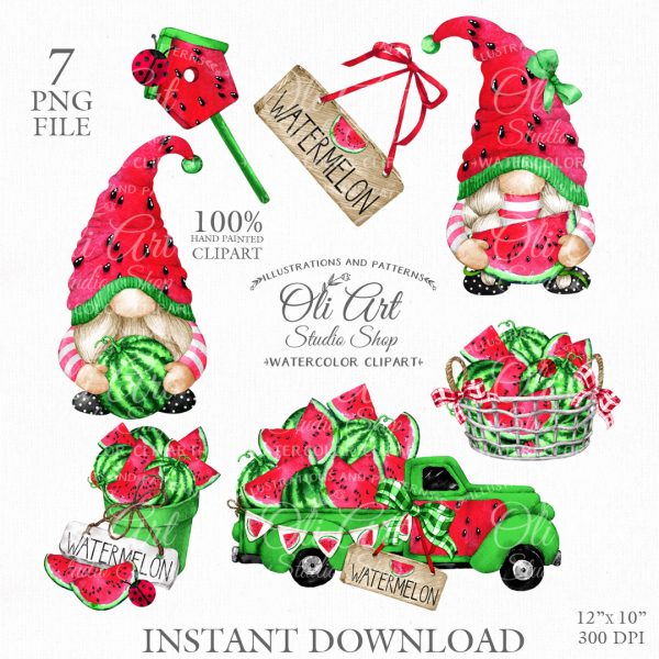 Watermelon gnomes clipart, green truck, digital download design