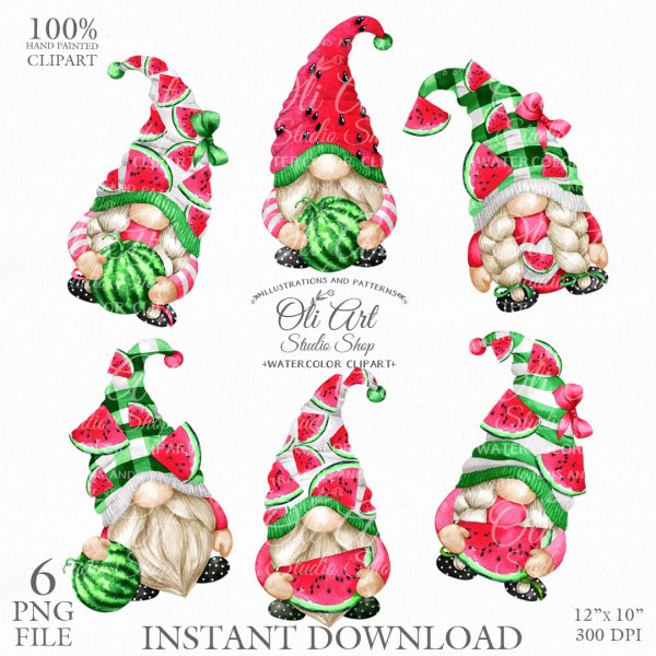 Gnomes & watermelons clipart, Cute characters, Hand Drawn graphics