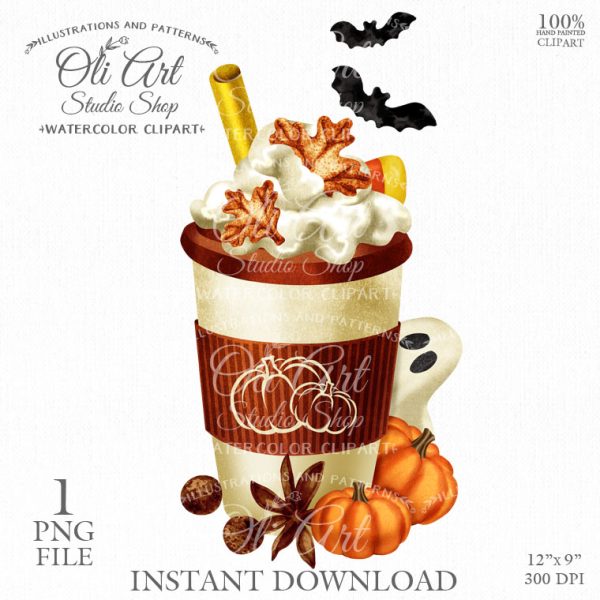 Halloween Pumpkin Spice Latte. Fall coffee PNG. Pumpkin drinks.
