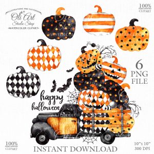 Happy Halloween truck, pumpkin clipart. Hand painted clipart.