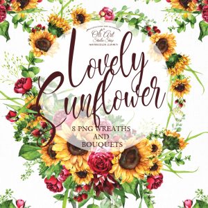 Watercolor sunflowers wit roses wreath, bouquet. Clip art png