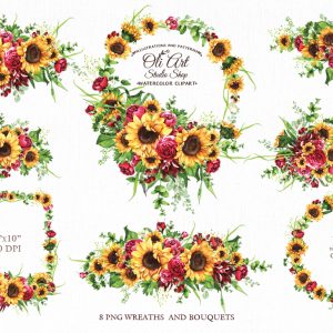 Watercolor sunflowers wit roses wreath, bouquet. Clip art png