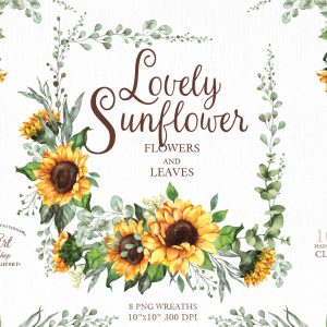 Watercolor sunflowers wreath, bouquet. Clipart png