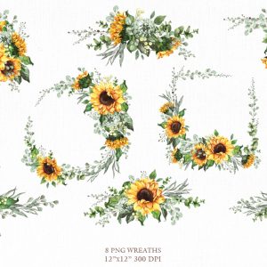 Watercolor sunflowers wreath, bouquet. Clipart png