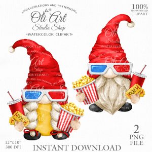 Movie Film Gnomes. Popcorn. Cute Characters. Hand Drawn graphics.
