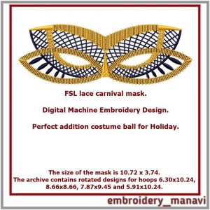In the hoop FSL embroidery design lace masquerade mask 2.