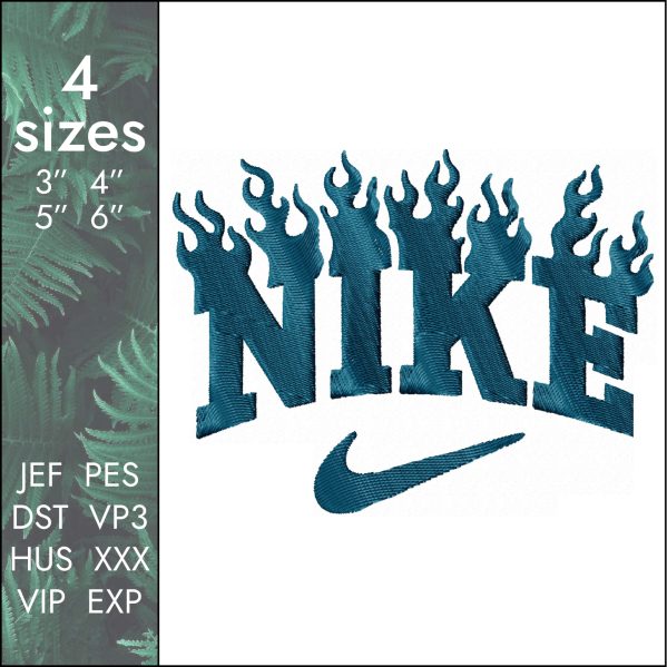 Nike fire Embroidery Design, burning swoosh PES DST, 4 sizes