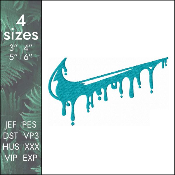 Nike flowing Embroidery Design, drip fluid swoosh DST PES 4 sizes