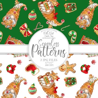 Seamless patterns. Сhristmas gingerbread gnomes & Gingerbread Man