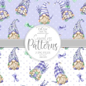 Gnomes & lavender Digital paper, cute characters seamless patterns
