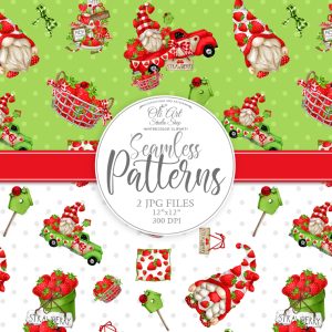 Gnomes & strawberry. Truck. Digital paper seamless patterns