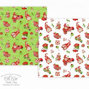Gnomes & strawberry. Truck. Digital paper seamless patterns