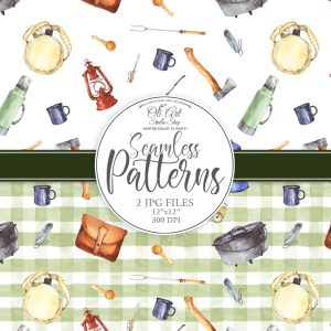 Watercolor clipart Travel camping Digital paper seamless patterns.