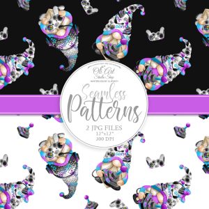 Gnome gamers. Digital paper, cute characters seamless patterns.
