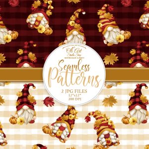 Watercolor fall pumpkin gnomes Digital paper seamless patterns.