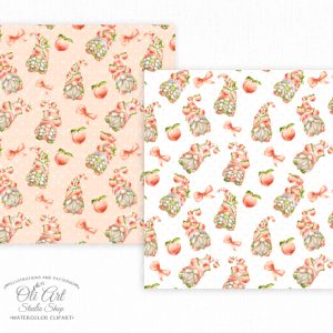 Seamless patterns Gnomes & peaches. Digital paper, cute characters
