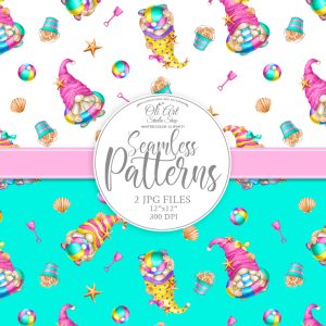 Gnomes summer beach Digital paper cute character seamless patterns
