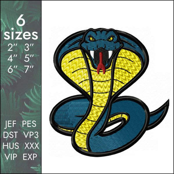 Snake Cobra Embroidery Design, quality pes dst file, 6 sizes