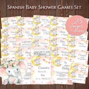 Pink Elephant Bilingual Baby Shower Games English Spanish Set
