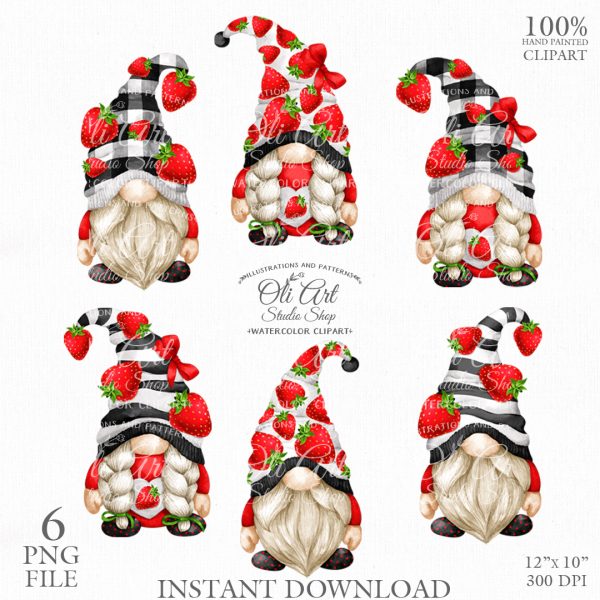 Gnomes & Strawberry clipart, Cute characters, Hand Drawn graphics