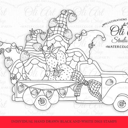 Strawberry gnomes digital stamps, truck stamps, black and white