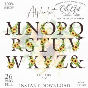 Alphabet Clip Art. Sunflowers Flowers Letters Hand Drawn graphics.