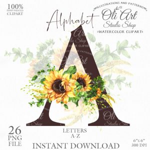 Alphabet Clip Art. Sunflowers Flowers Letters Hand Drawn graphics.