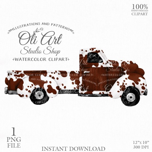 Truck, cowhide, cow print, watercolor clipart graphics, old vintage