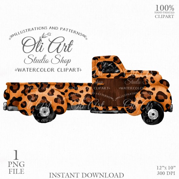 Truck, leopard print watercolor clipart graphics old truck vintage