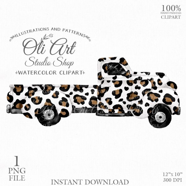 Truck, leopard print watercolor clipart graphics old truck vintage