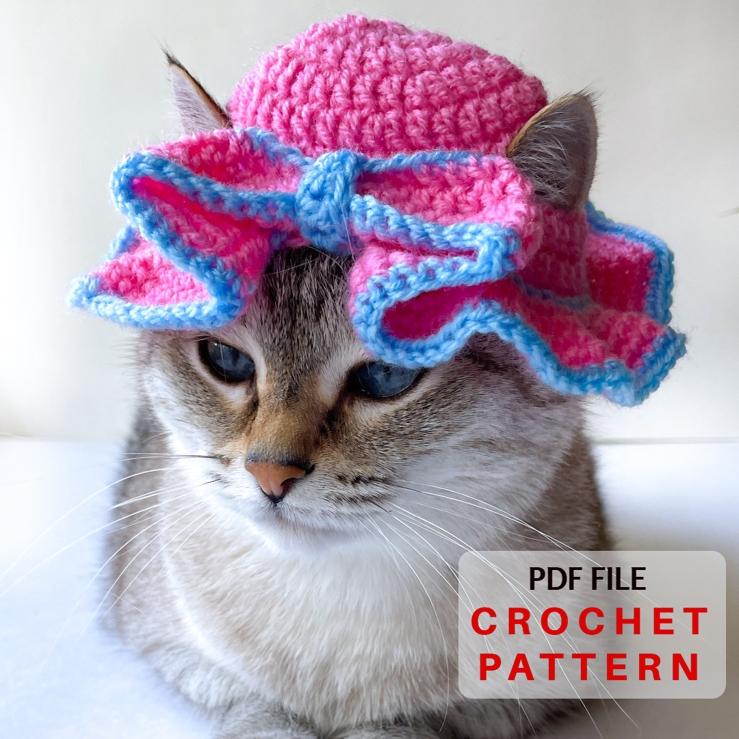 fibra sequía estera Cat hat with bow. Cat summer hat. Crochet pattern.