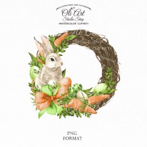 Watercolor Easter wreath, Cute bunny clipart, easter eggs, carrot