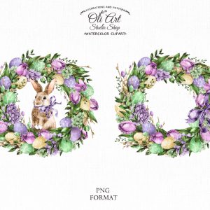 Watercolor Easter wreath, Cute bunny, easter eggs, clipart PNG