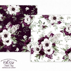 Seamless Patterns. Burgundy Anemone Flowers. Hand Drawn graphics