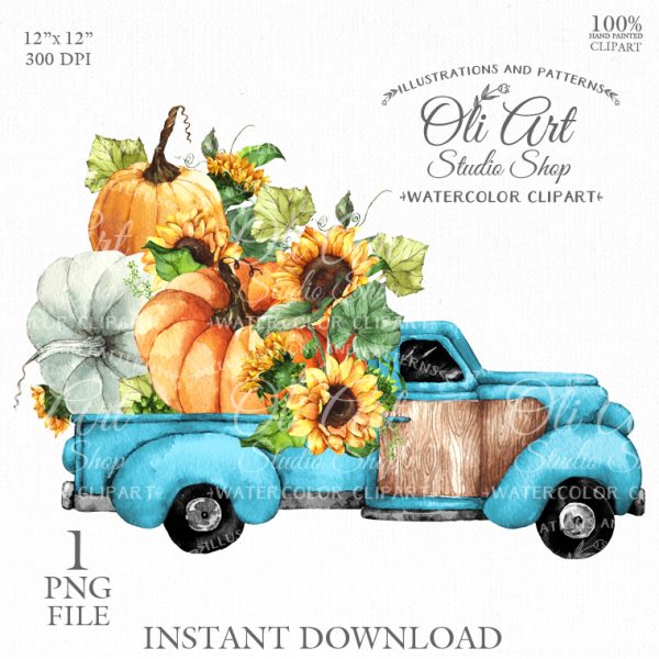 Watercolor Truck with Pumpkins and Sunflower. Fall clipart